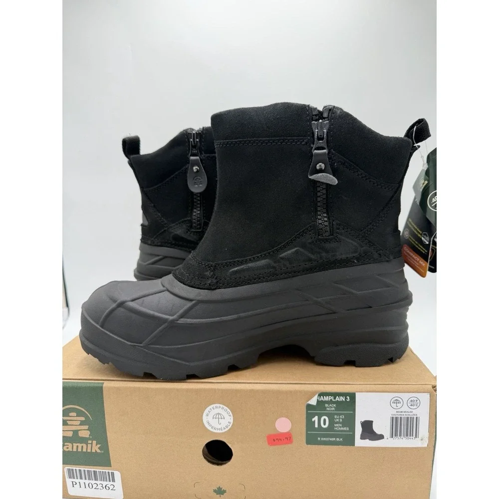 Kamik Champlain 3 Men's Snow Boot Size 10 New Black Insulated to -40F WP Pull-on